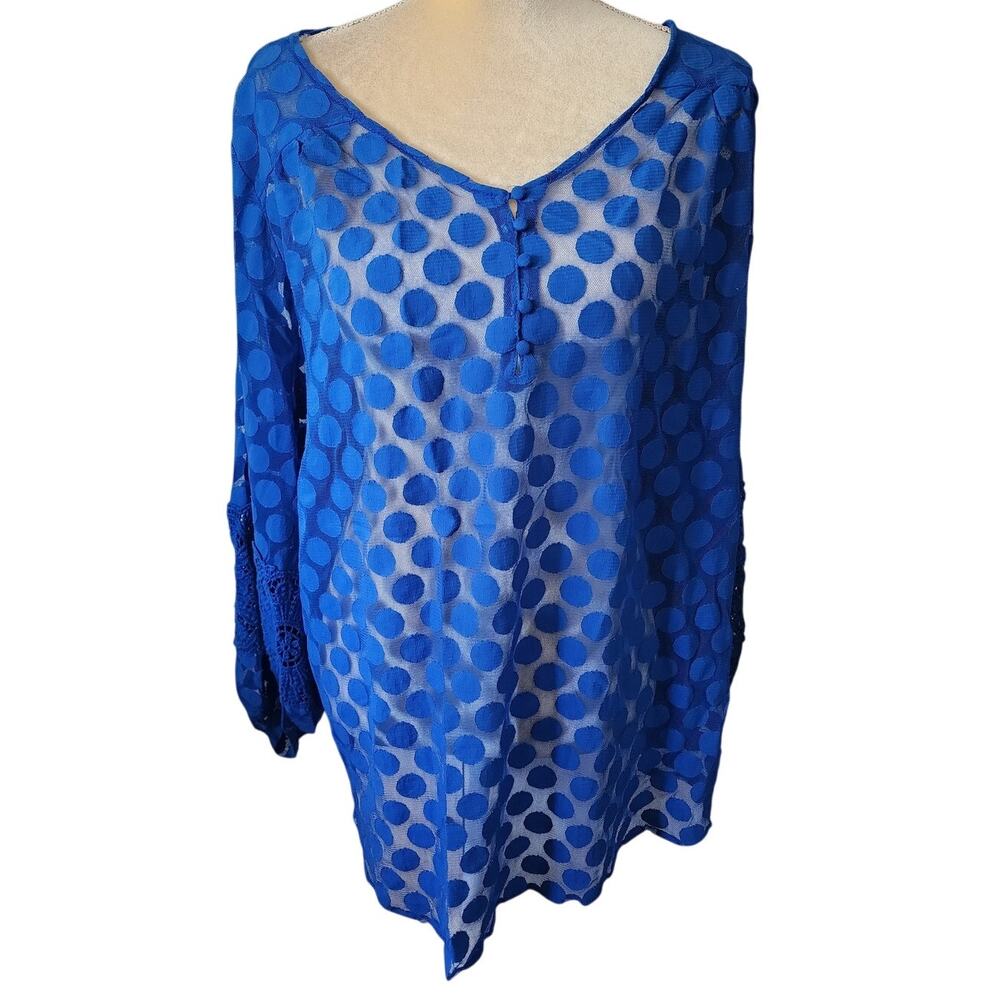 Alfani Semi Sheer Polka Dot Flowy Blue Crochet Sleeves Blouse plus Size 3X